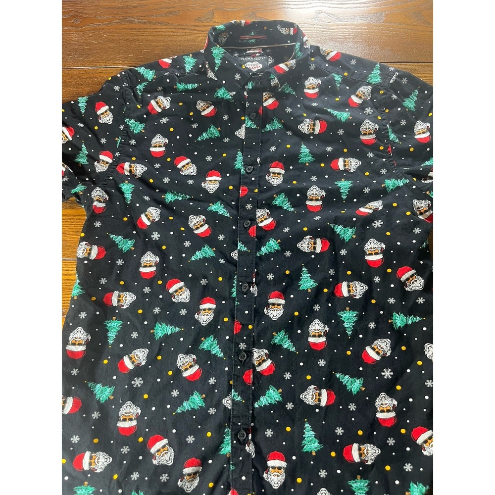 Denim & Flower Men Button Up Shirt M Blue Graphic Santa Claus Holiday